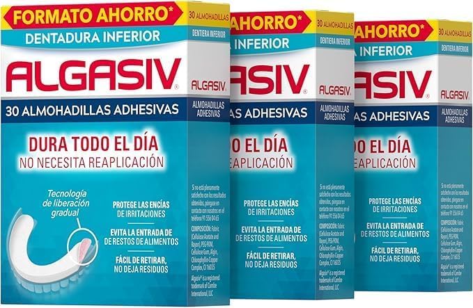 Algasiv Almohadillas Adhesivas Para Dentaduras Postizas Inferiores, Duran todo el día y protegen las encías, Pack de 3 x 30 Unidades