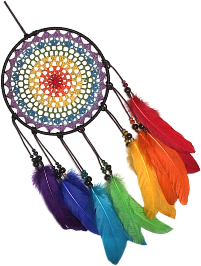 Baluue Colorful Dreamcatcher Ornament 20cm Lovely Hanging Decor with Rainbow Plumes Wall Decoration for Living Room Balcony Home