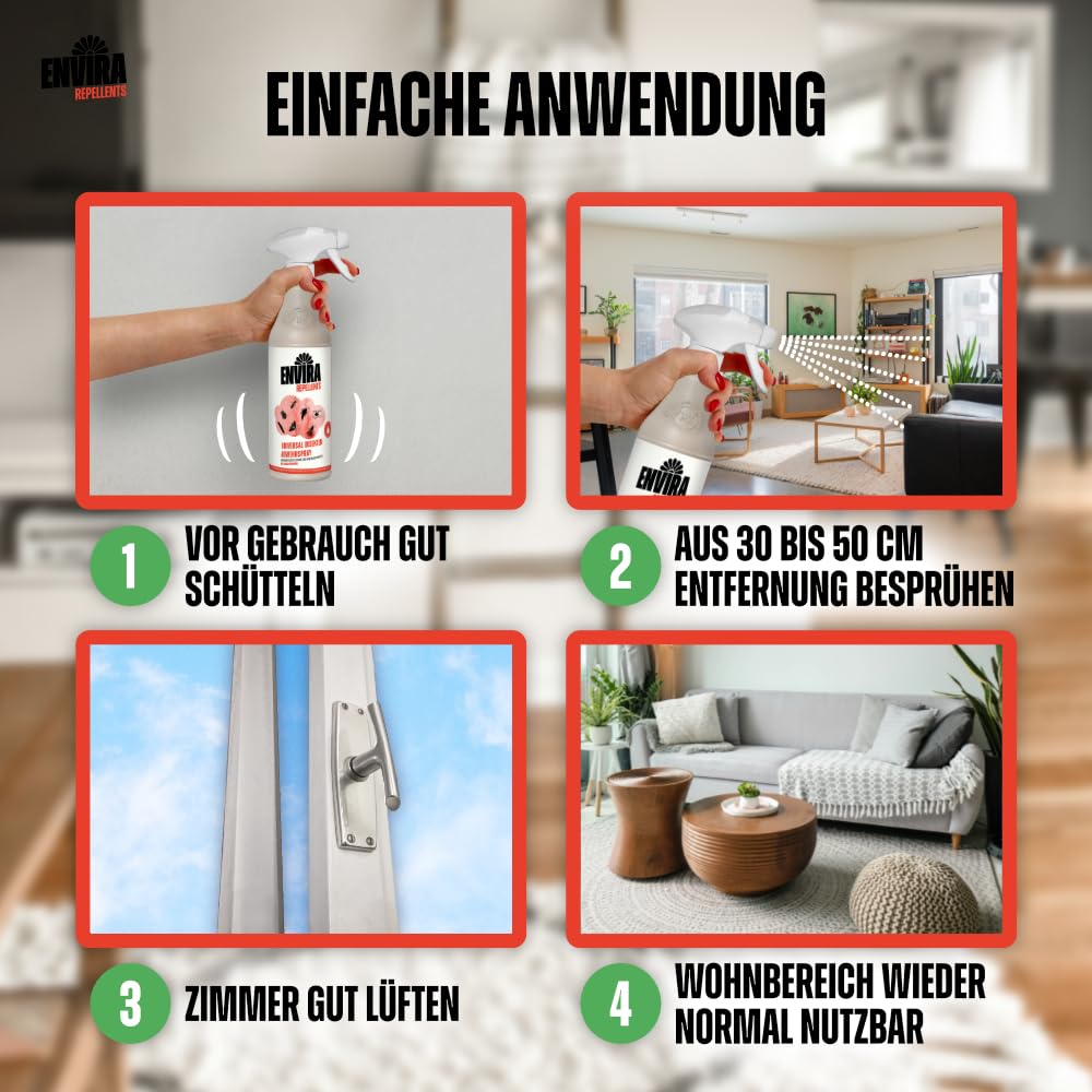 Envira Universal Insekten Abwehrspray 4 x 5 Liter + 2L Sprüher - Spray mit Langzeitwirkung gegen Trauermücken, Silberfische, Lebensmittelmotten & weiteres Ungeziefer - Mittel gegen Insekten