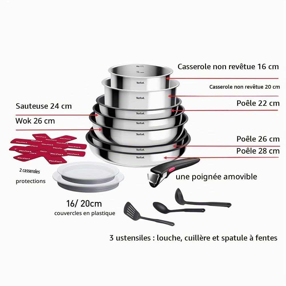 Tefal Ingenio Cook Eat, Batterie de Cuisine 15 Pièces, Inox, Compatible Tous Feux dont Induction