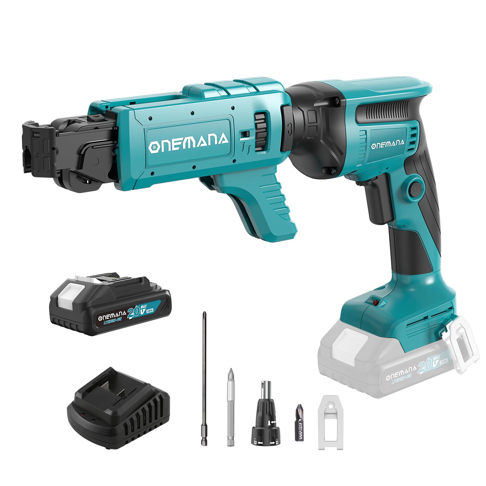 ONEMANA Brushless Drywall Screw Gun, Auto Feed Drywall Screwdriver Set, 20V Screw Gun Cordless with Length and Depth Adjustment, Drywall Gun with LED Light，Attachment