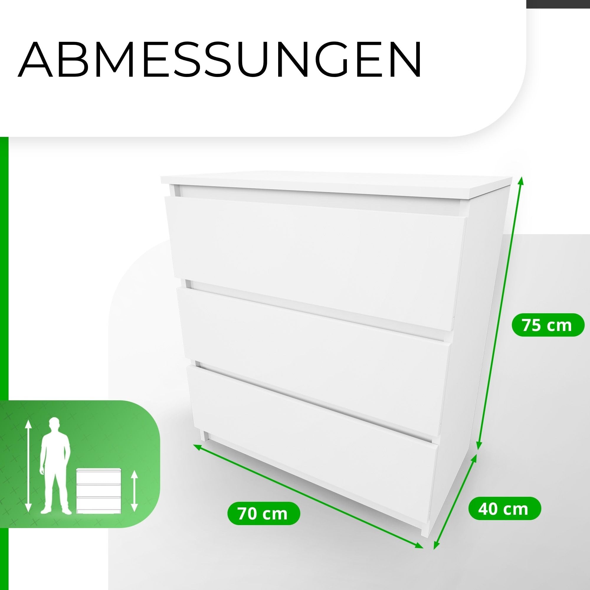 CDF Kommode mit Schublade Weiß Schrank Schubladenschrank 3 Schubladen Malm Kommode viel Stauraum Geeignet für Wohnzimmer Schlafzimmer Komodenschrank Organizer Kleidung 40T x 70B x 75H cm