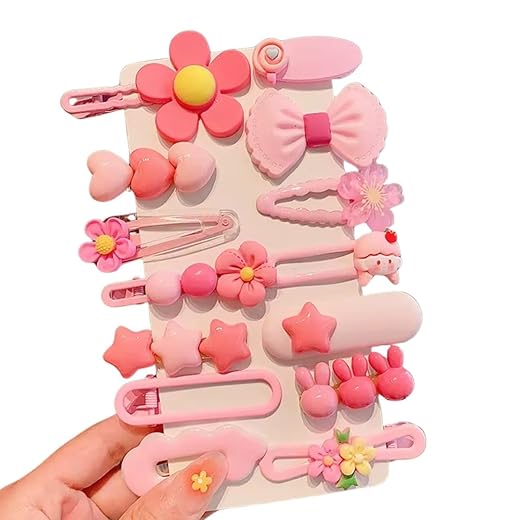 Kit 14 Presilhas de Cabelo Infantil Tic Tac - Céu e Nós - Acessórios Coloridos e Divertidos para Meninas (Temas de Laço, Flores e corações). Cor: Rosa