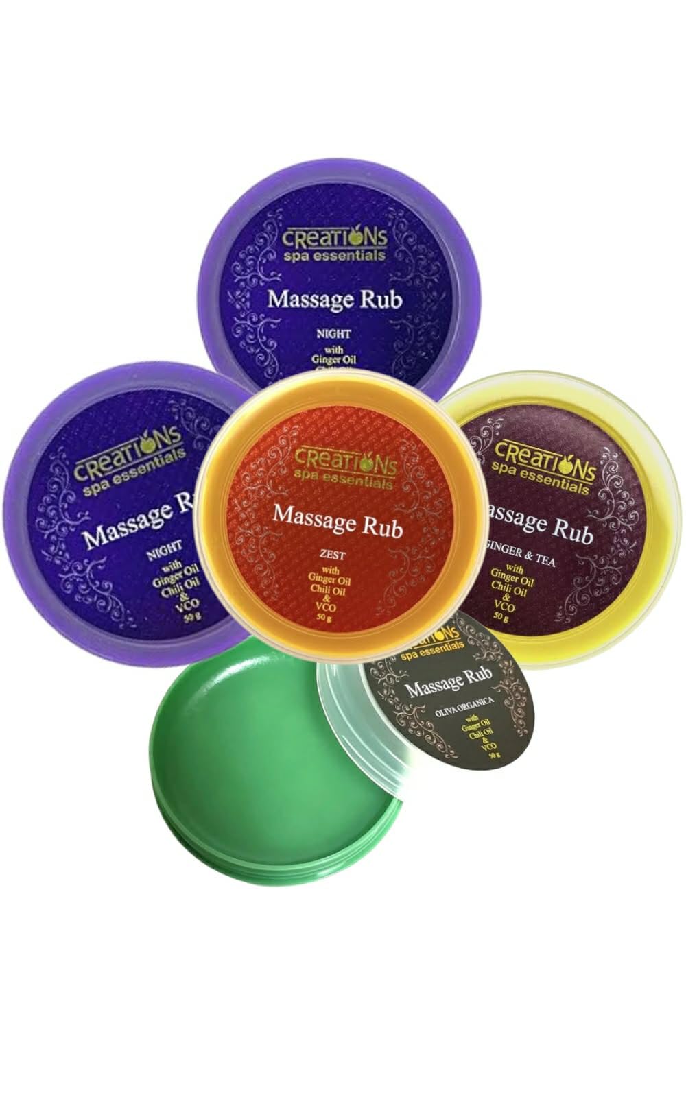 MASSAGE RUB CREATIONS SPA ESSENTIALS PAIN RELIEF SET OF 5 PCS 50g Each(1 GINGER & TEA, 2NIGHT,1 ZEST 1 OLIVA ORGANICA)