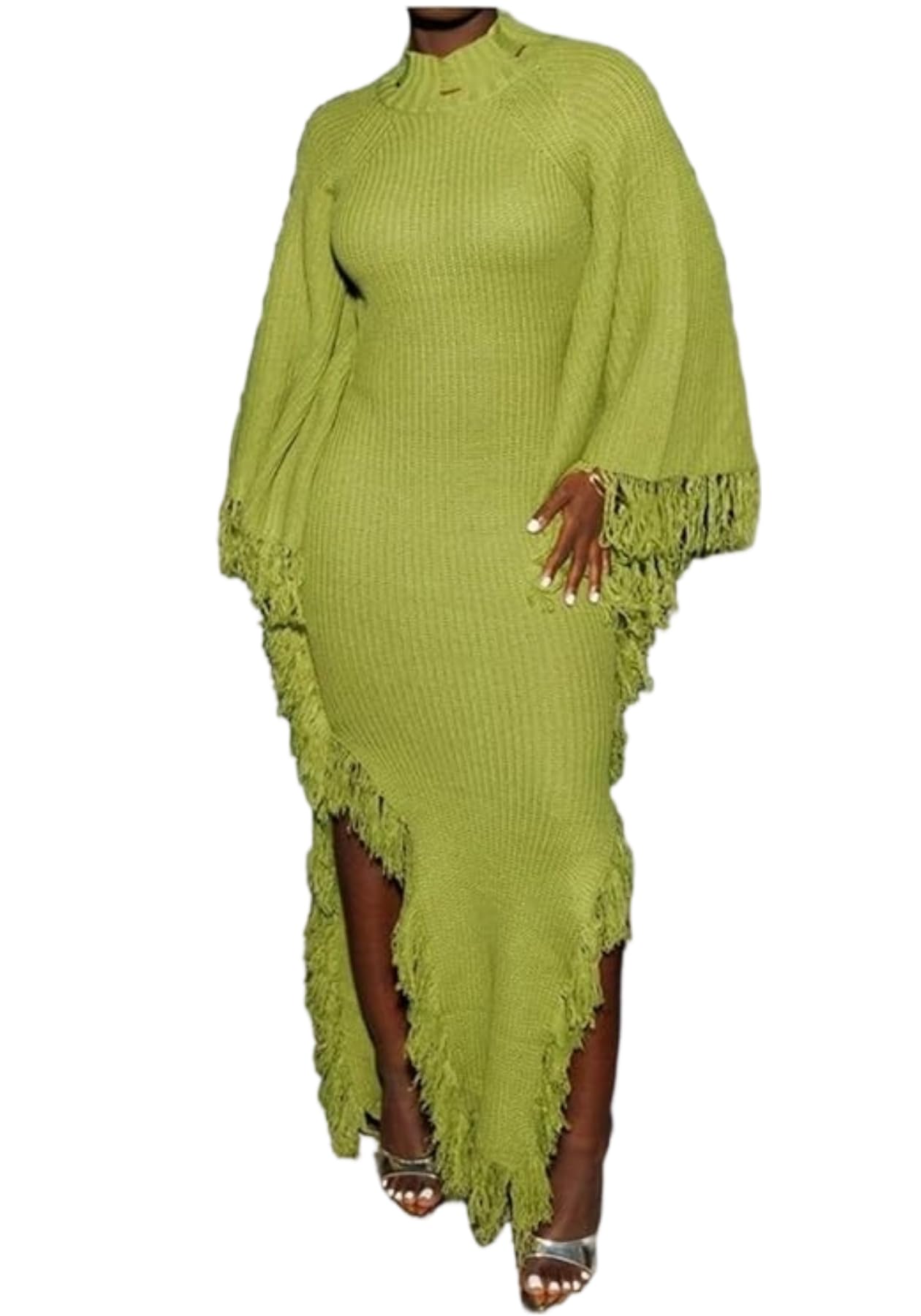 NRTHYE Women Fringe Long Sweater Dresses Knit Turtleneck Batwing Sleeve Sexy Side Slit Tassel Maxi Sweater Dress