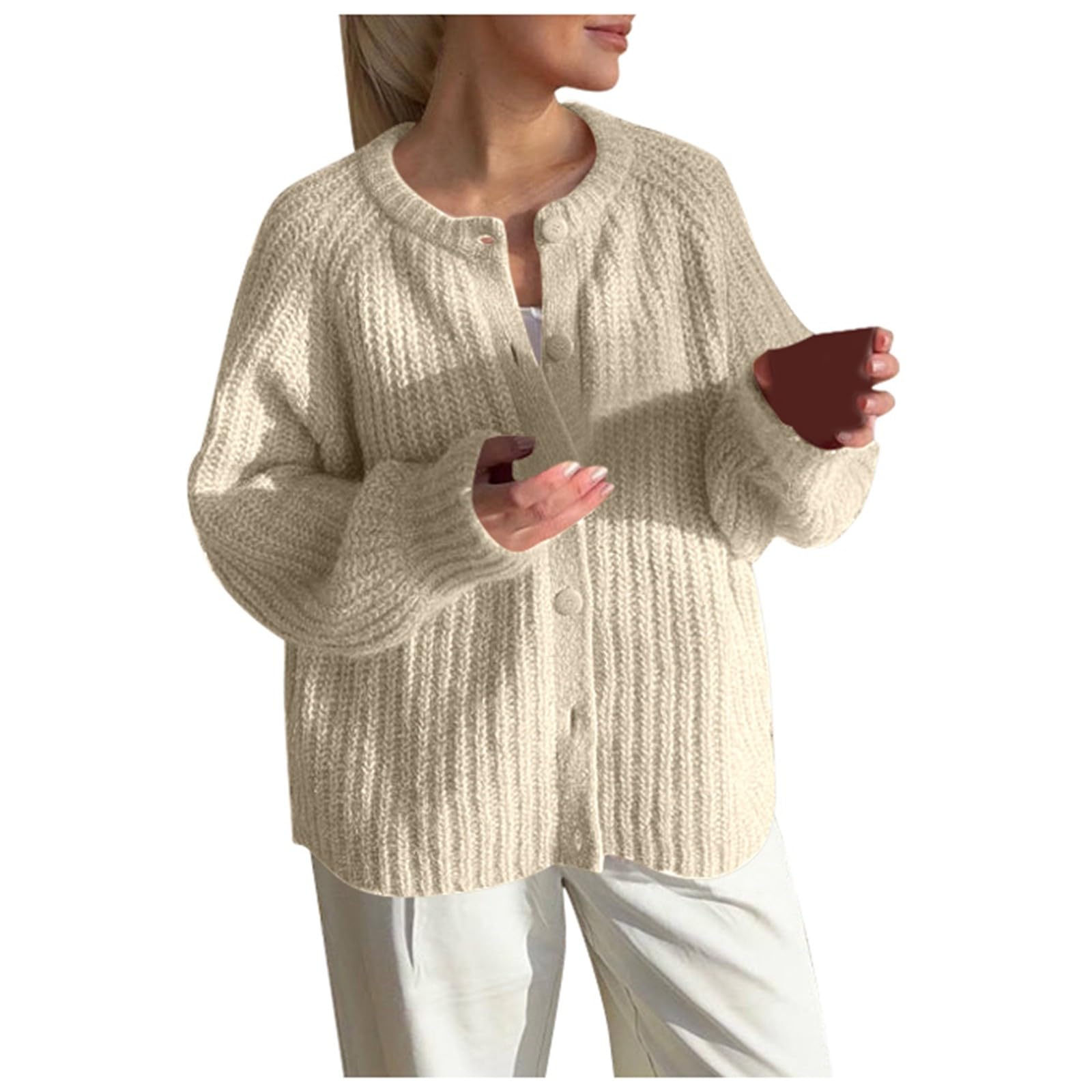 Strickjacke Damen gemütlicher übergroßer einfarbiger Strick Cardigan langärmelig lässige Oberbekleidung aus grobem Strick vielseitiger Pullover Übergangsjacke