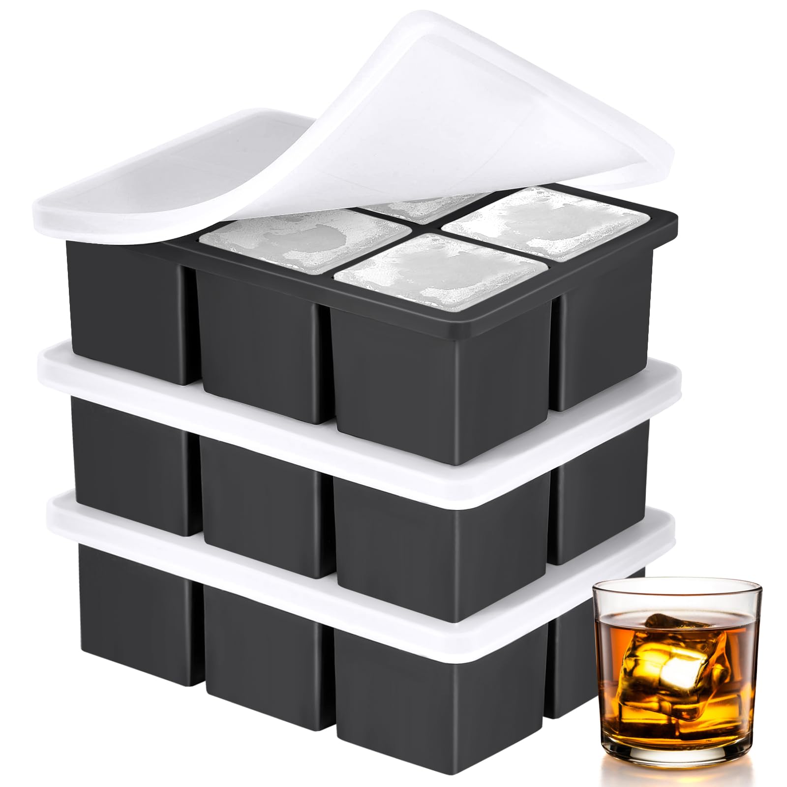 3 Pack Large Ice Cube Trays for Freezer Easy Release Square Silicone Ice Cube Maker with Removable Lid