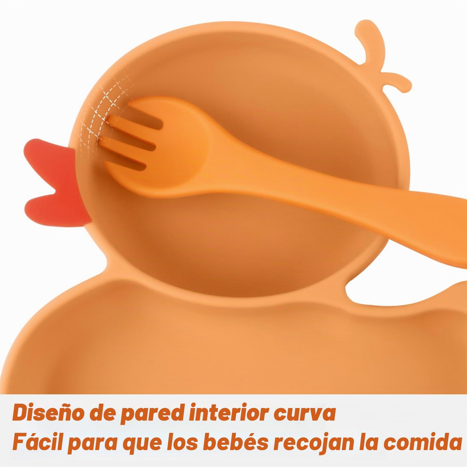 Placa de succión para bebé con cuchara y tenedor incluido, Plato Ventosa Bebe de Silicona para Niños Pequeños, Platos de Bebé Antideslizante (Naranja)
