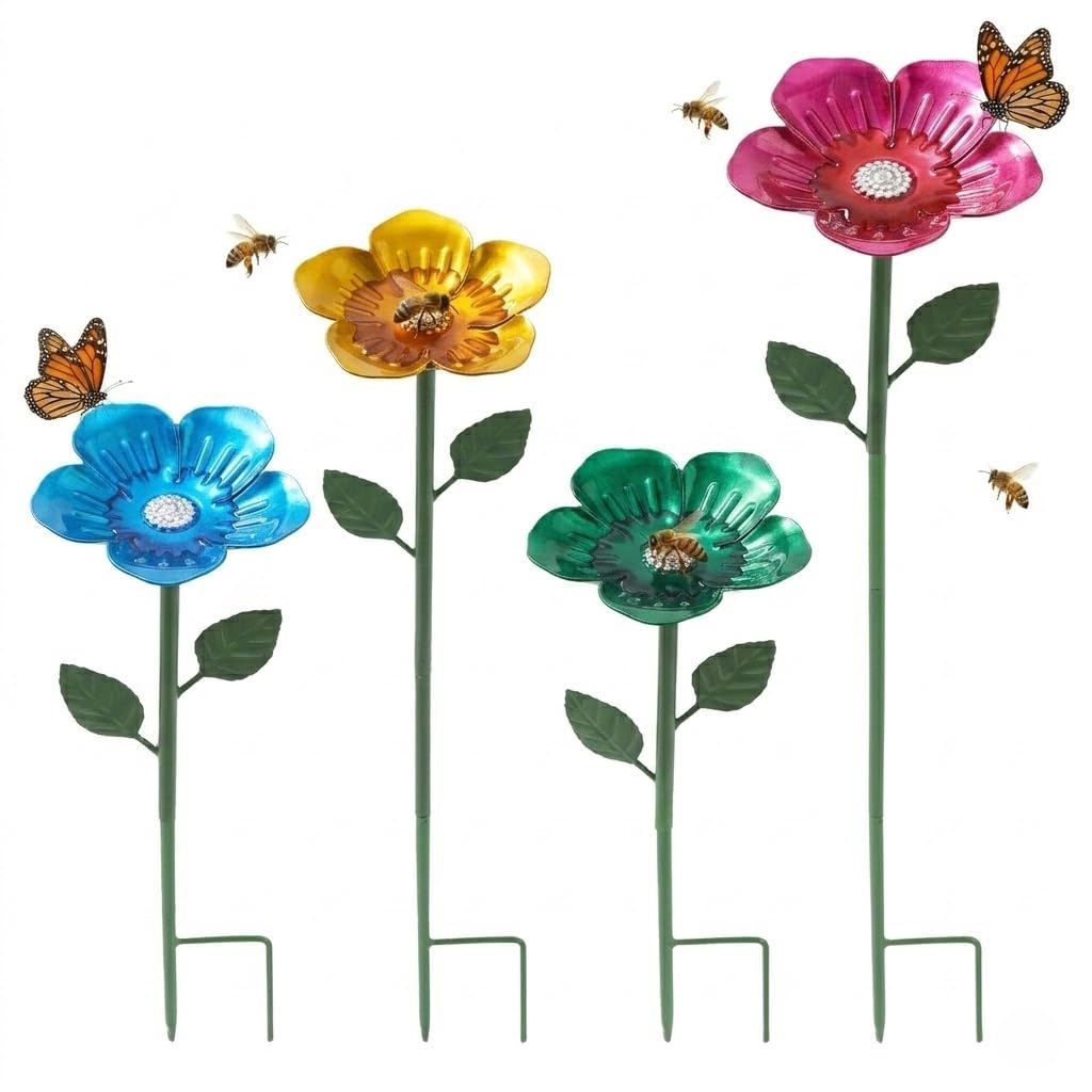 Qinglang Multicolored 4 Pack Bee Watering Station With Adjustable Height Stakes Bee Baths For Garden Flower Shaped Metal Bees Feeder Cups Decorative Butterfly Feeder Insect Drinking Station For Outdoor Yard Decor