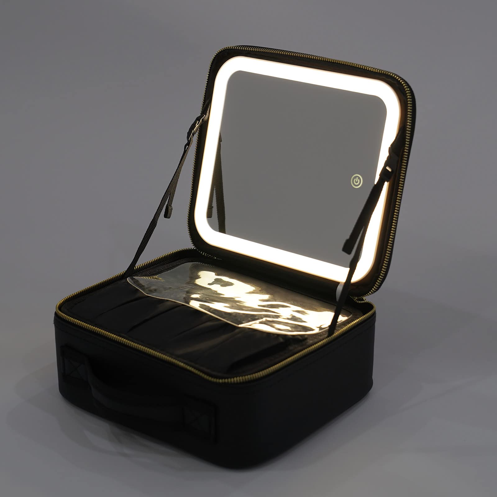 Neceser de viaje con estuche de maquillaje LED con espejo, ideal para guardar todo tipo de cosméticos y utensilios de maquillaje, Negro , moderno