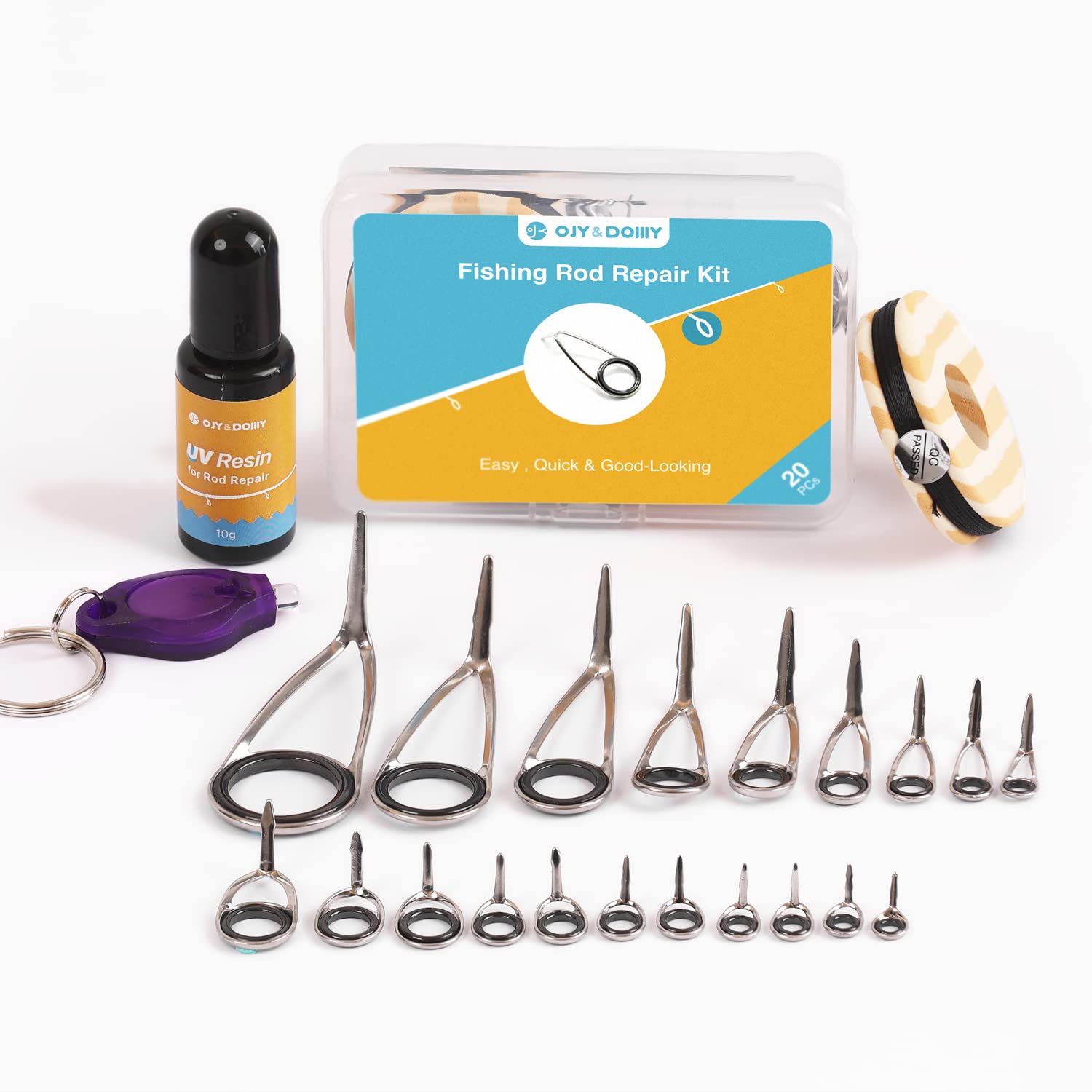 OJYDOIIIY Fishing Rod Eyelet Repair Kit Complete, Emergency Quick-Fix Fishing Pole Eyes Replacement Kit with Stainless Steel Guides for Spinning/Casting Rod