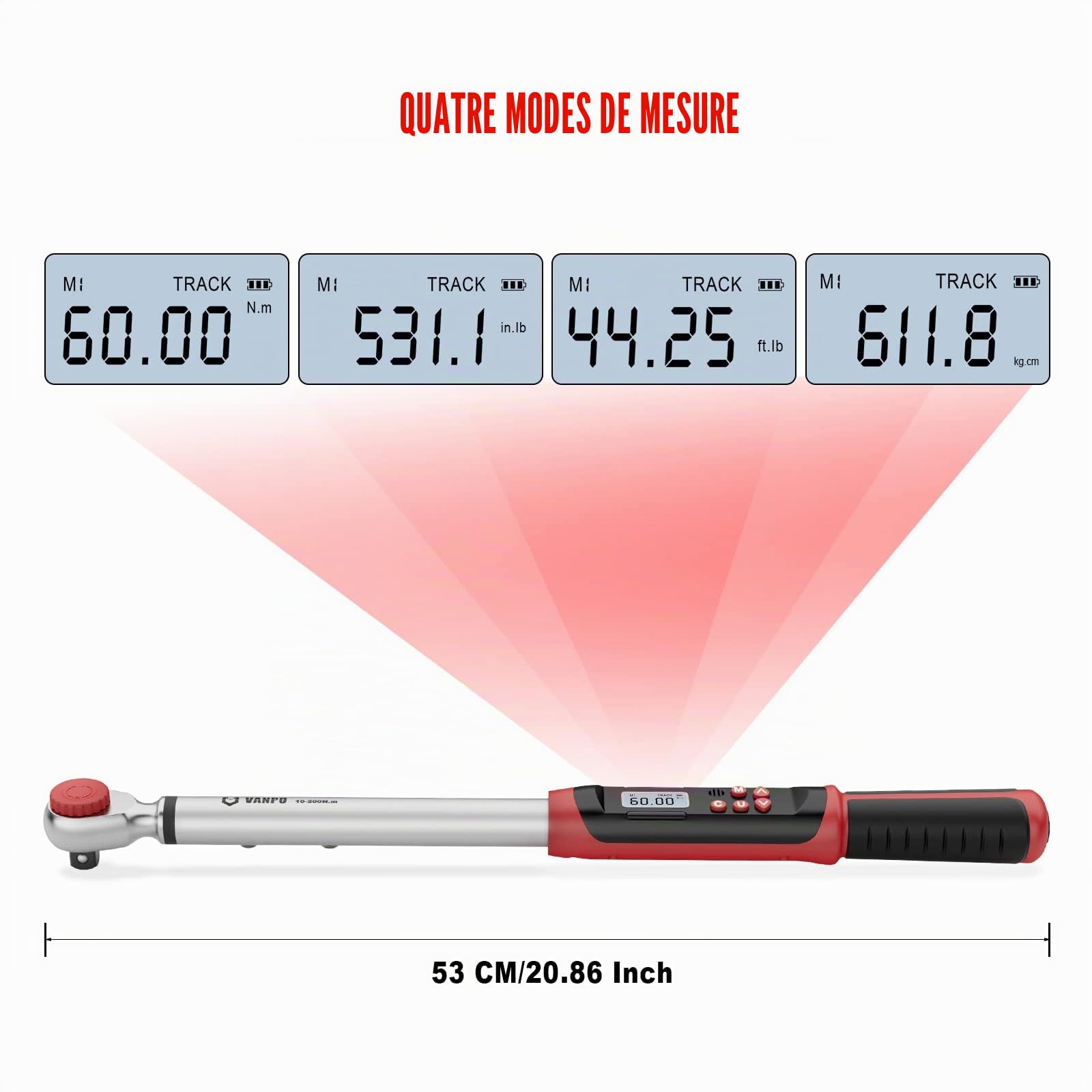 VANPO Clé Dynamométrique Numérique 1/2" 10-200 NM Électronique LED Buzzer