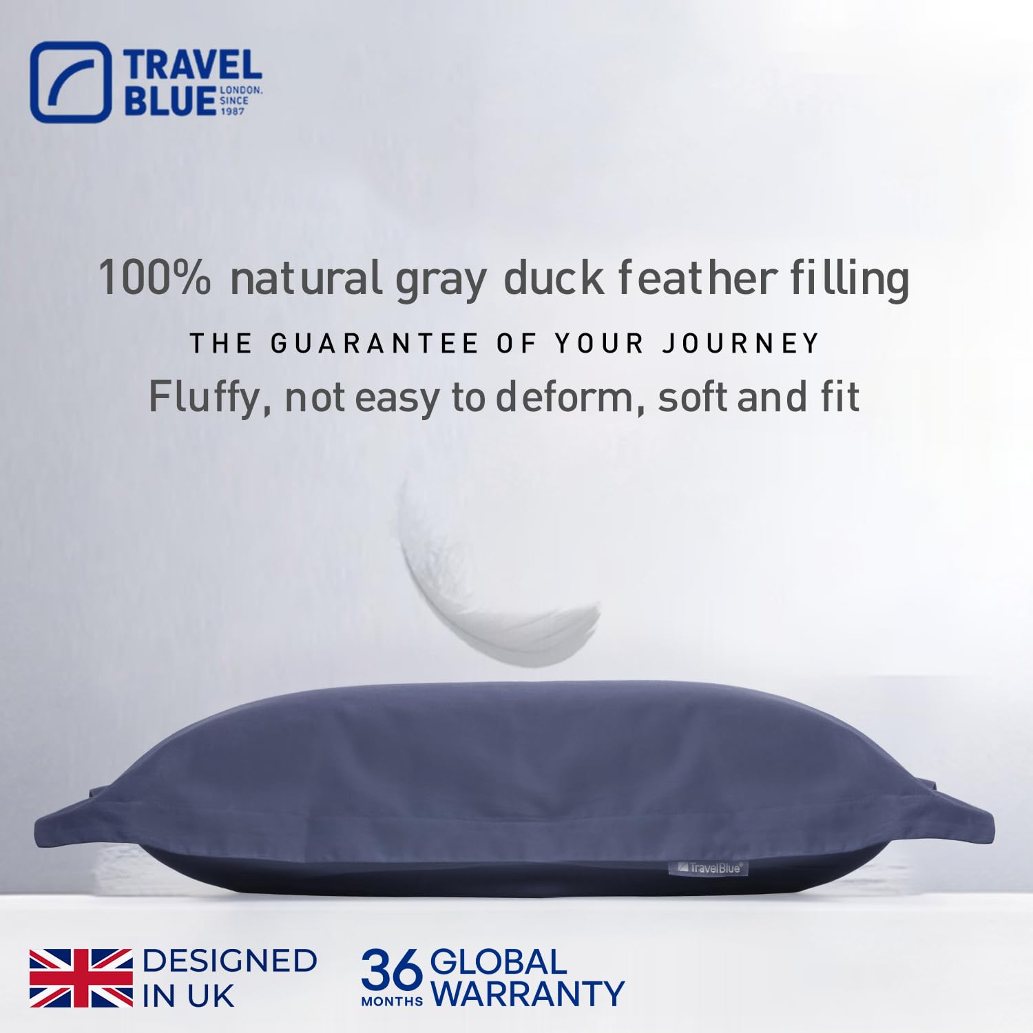 Travel Blue Almohada de Plumas Plegable para Cuello - Almohada Suave y Ergonómica con Plumas de Pato y Plumón de Ganso para Viajar - Ideal para Avión, Coche, Tren y Autobús - 50 cm, Azul
