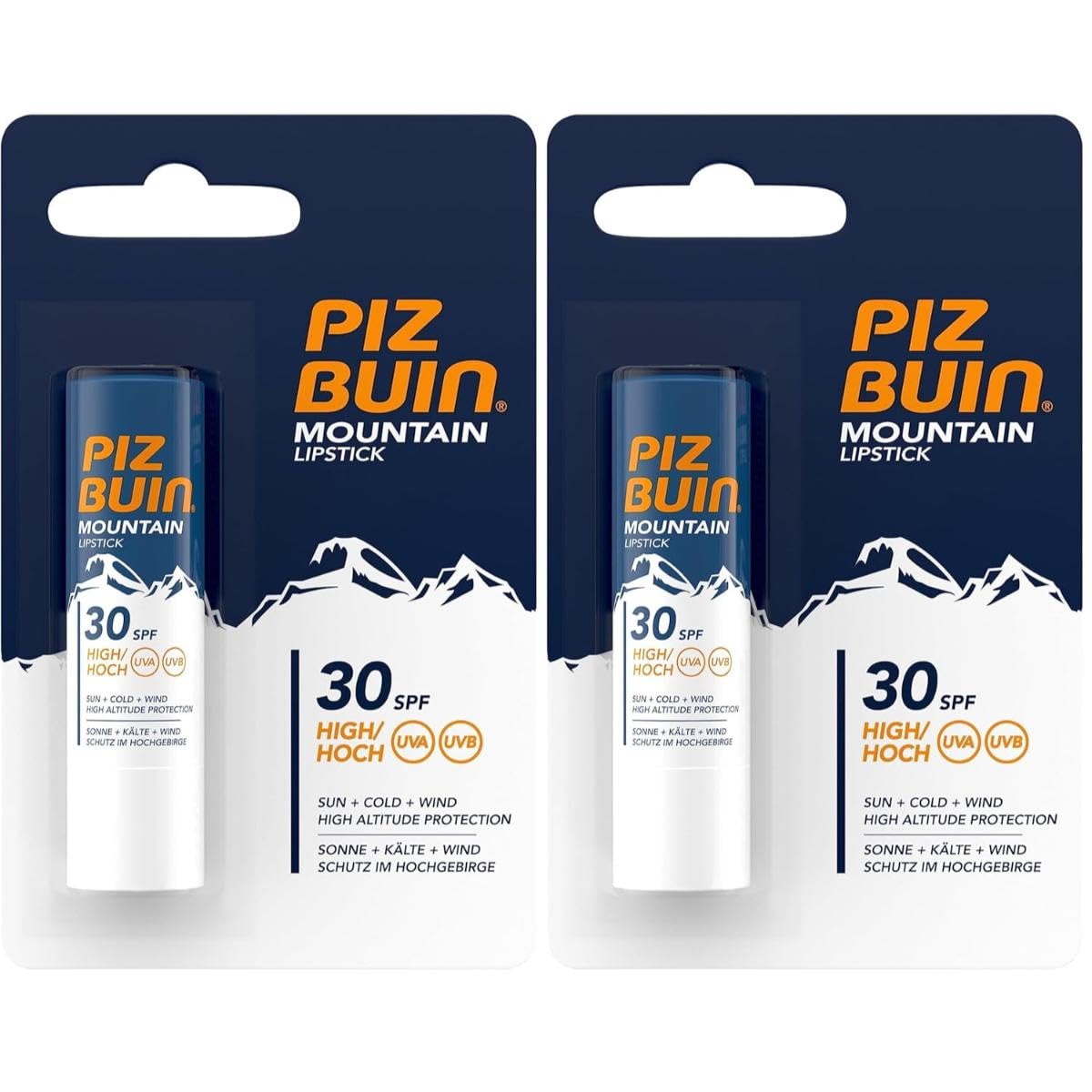 Piz Buin Mountain Lipstick, Lippenpflegestift für Wintersportler, Sonnenschutz für die Lippen, LSF 30 | 4.9 g (2er Pack)