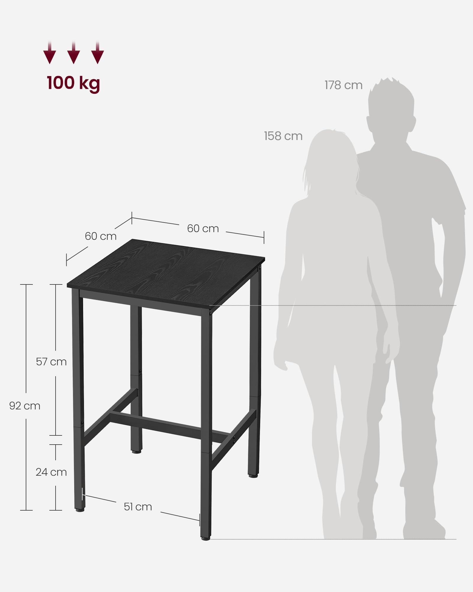 VASAGLE Tavolino da Bar, Tavolino Alto Quadrato per Colazione, Struttura in Acciaio, 60 x 60 x 92 cm, Montaggio Facile, per Cucina Soggiorno, Stile Industriale, Nero Ebano e Nero LBT025B56