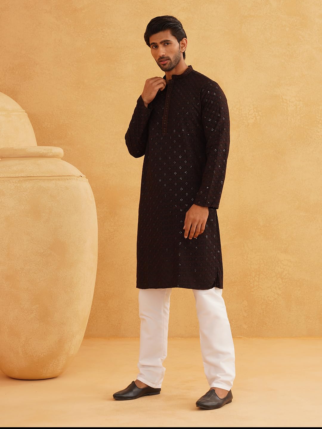 Sojanya (Since 1958 Men's Cotton Contrast Embroidered Sequinned Coffee Brown Long Kurta Size 44