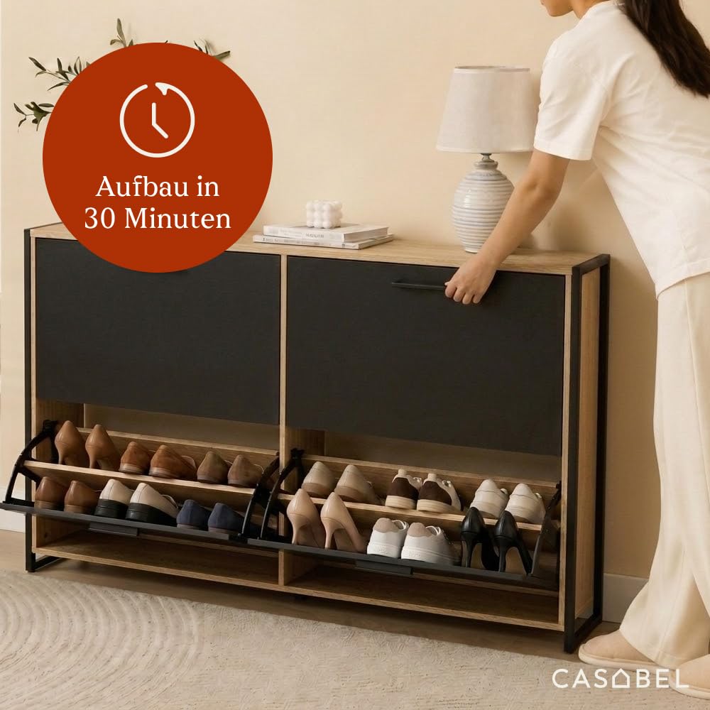 CASABEL Schuhschrank 24 Paar, kompakte Konsole, Schwarze Türen, Holzrahmen | Schuhaufbewahrung, 4 Klappen, große Kapazität, verstellbare Regale, platzsparend, Industriedesign, einfache Montage