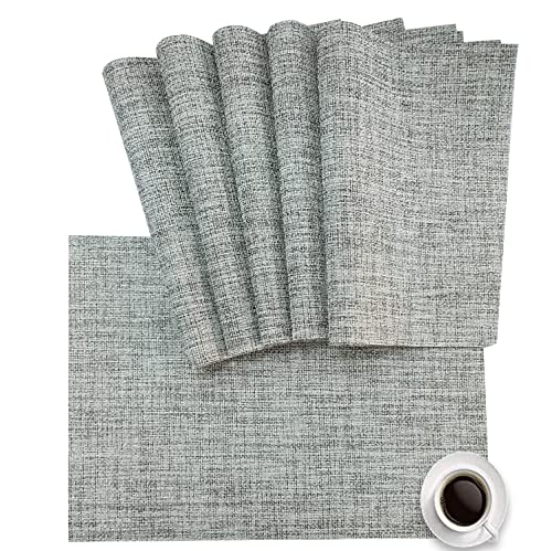 DACHUI Placemats Set of 6, Linen Look Woven Place Mats, Water Resistant, Heat Resistant, Washable, Durable Table Mats (Light Grey)