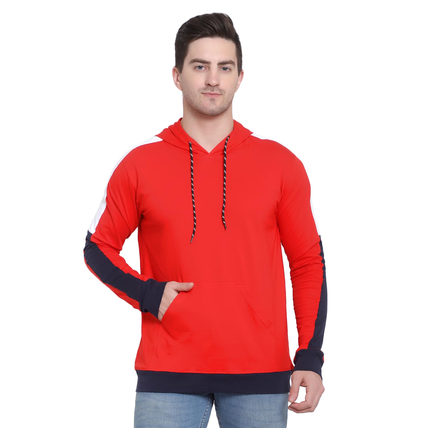 CARRYDREAMS Men's Solid Regular Fit Hooded Neck Full Sleeve Casual Cotton Sweatshirt (Red)