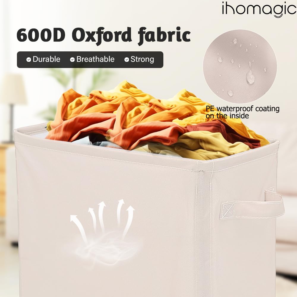 40L Estrecho Cesto Ropa Sucia con Ruedas, Cestos para la Colada Rectangular, Bolsa de Lavandería Plegable, Pequeño Cesto de Ropa Para Toallas de baño, Equipos de fitness, Sombrillas (Beige) - 5