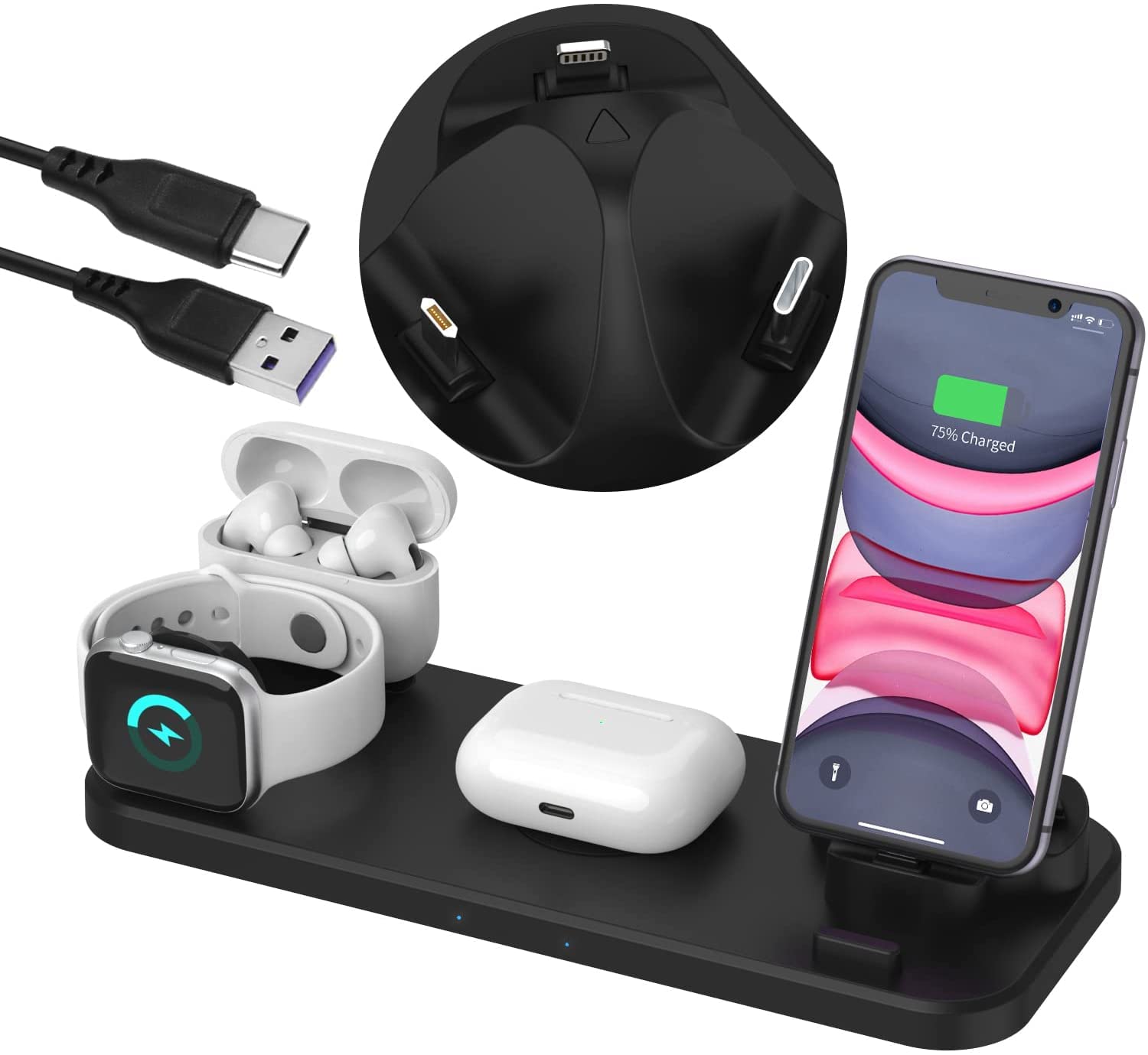 Homedom Wireless Charger, 6 in 1 Multi-Function Wireless Charger Stand,Fast Wireless Charging Station For Mobile Phone、Watch、Earphone, Qi-Certified Wireless Charger Dock Stand(Black)