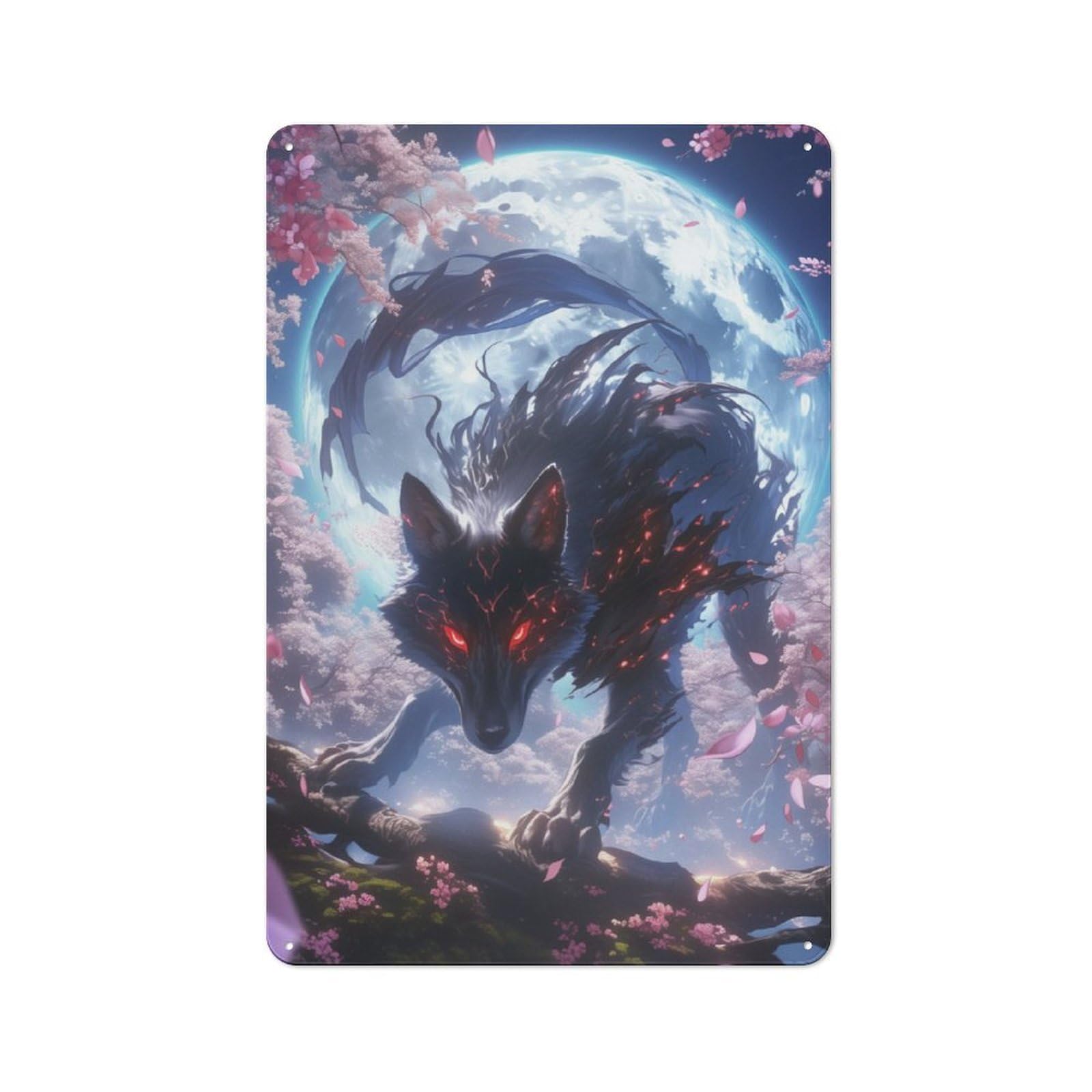 Metal Wall Sign 30x20cm Featuring Black Wolf with Red Eyes for Garage Or Workshop, Suited to DIY Enthusiasts