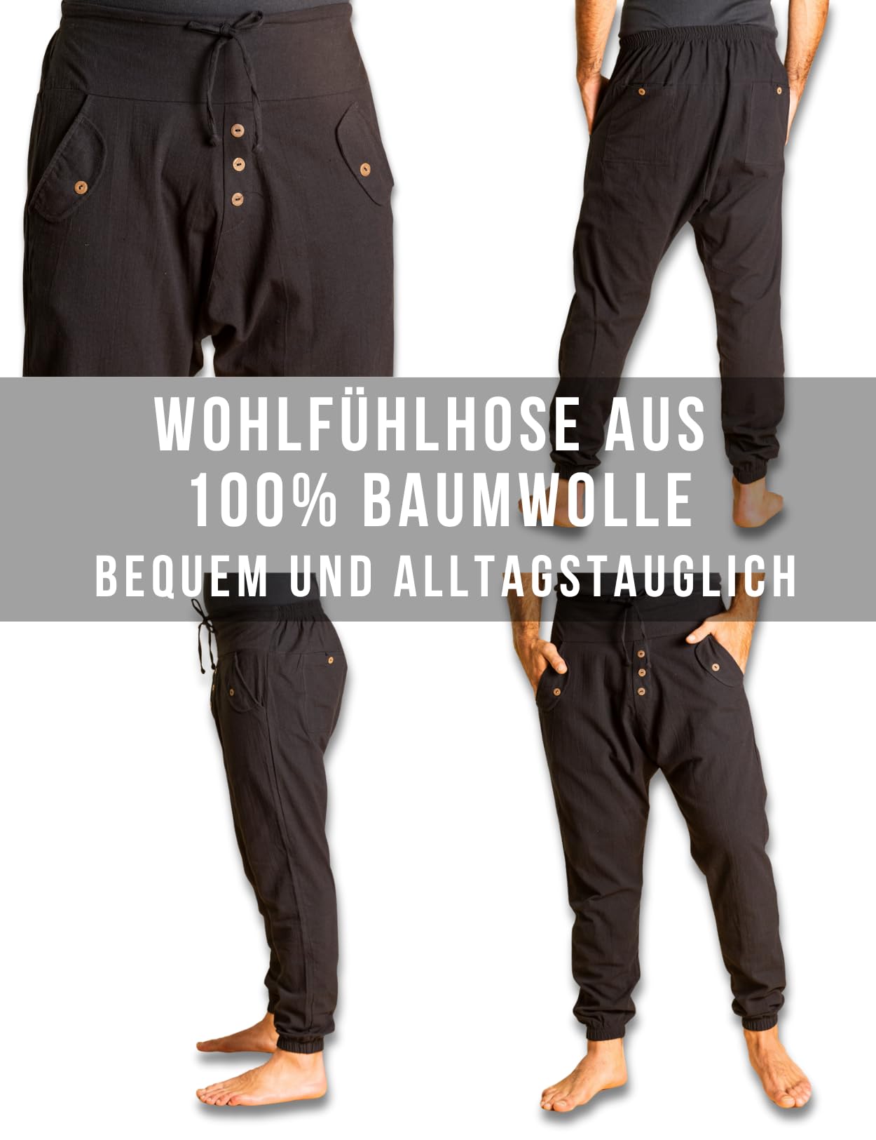 PANASIAM Yogi Pants Damen & Herren - Freizeithose im Aladin-Harem-Style | Sommerhose 100% Baumwolle, optimaler Sitz dank Tunnelzug vorne & Gummibund hinten, Haremshose Unisex, Aladinhose Baggy-Style