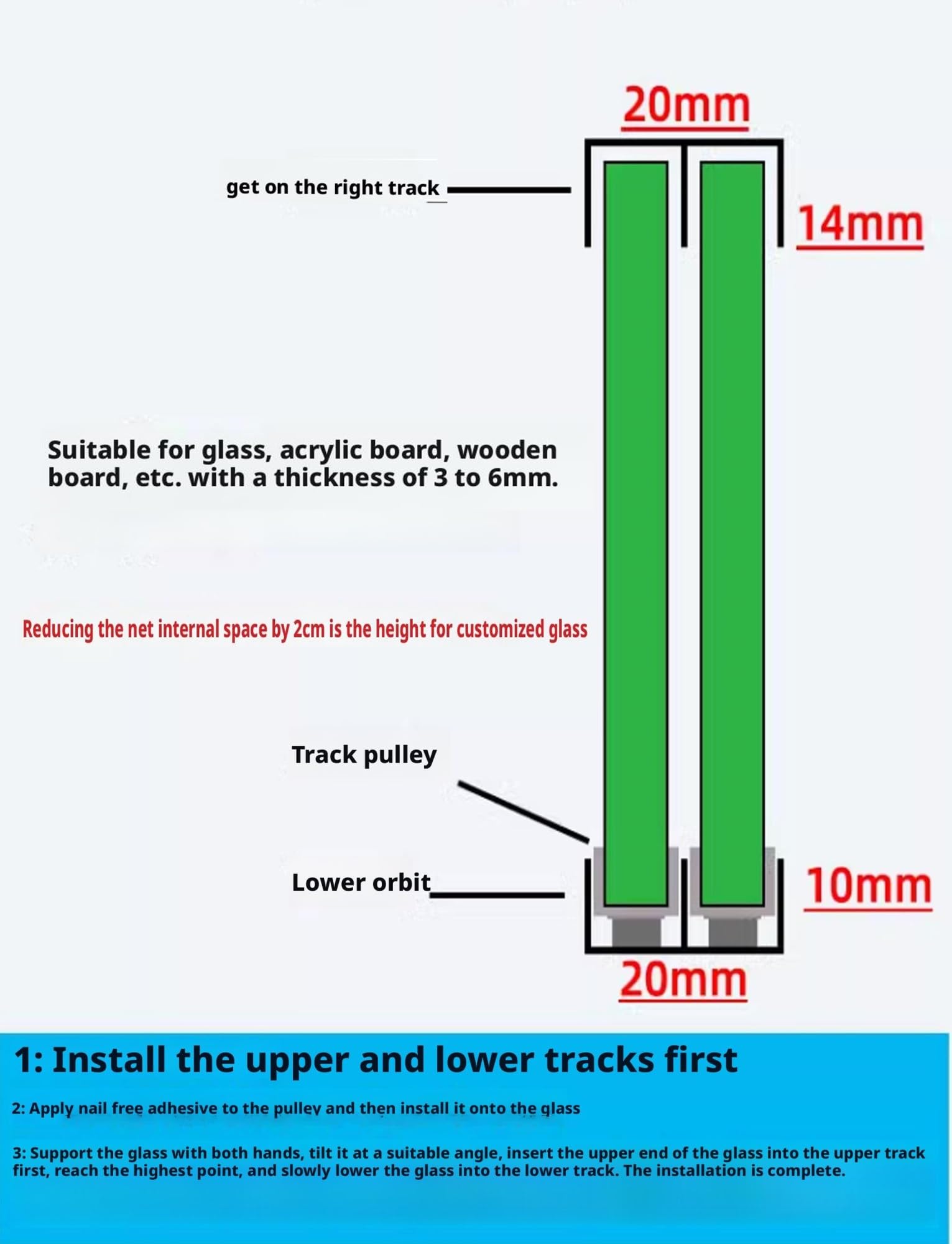 Guías para puertas correderas, Puerta corredera de doble carril con polea for vitrina cristal 3-5 mm, 20-200 cm(100cm)