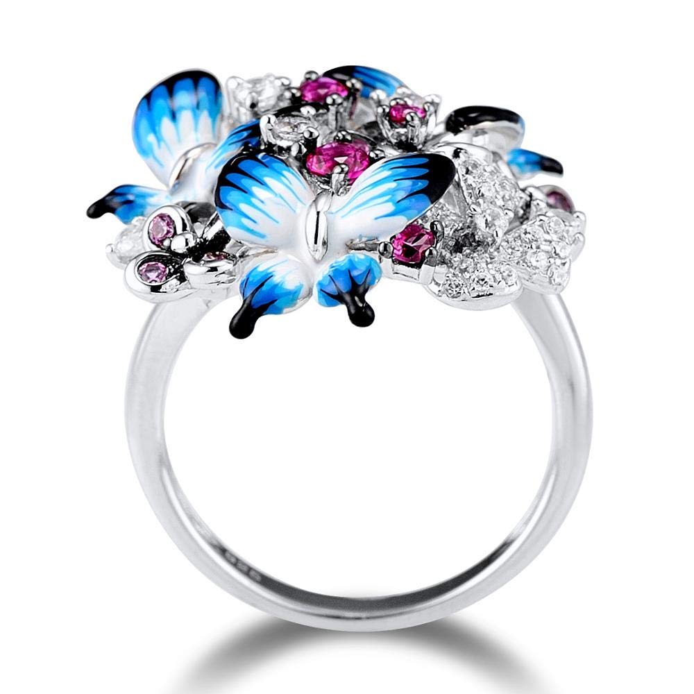 EKSED Anello in per Donna Anello in Sterling 925 con Farfalle con zirconi cubici Lucidi Smalto per Gioielli