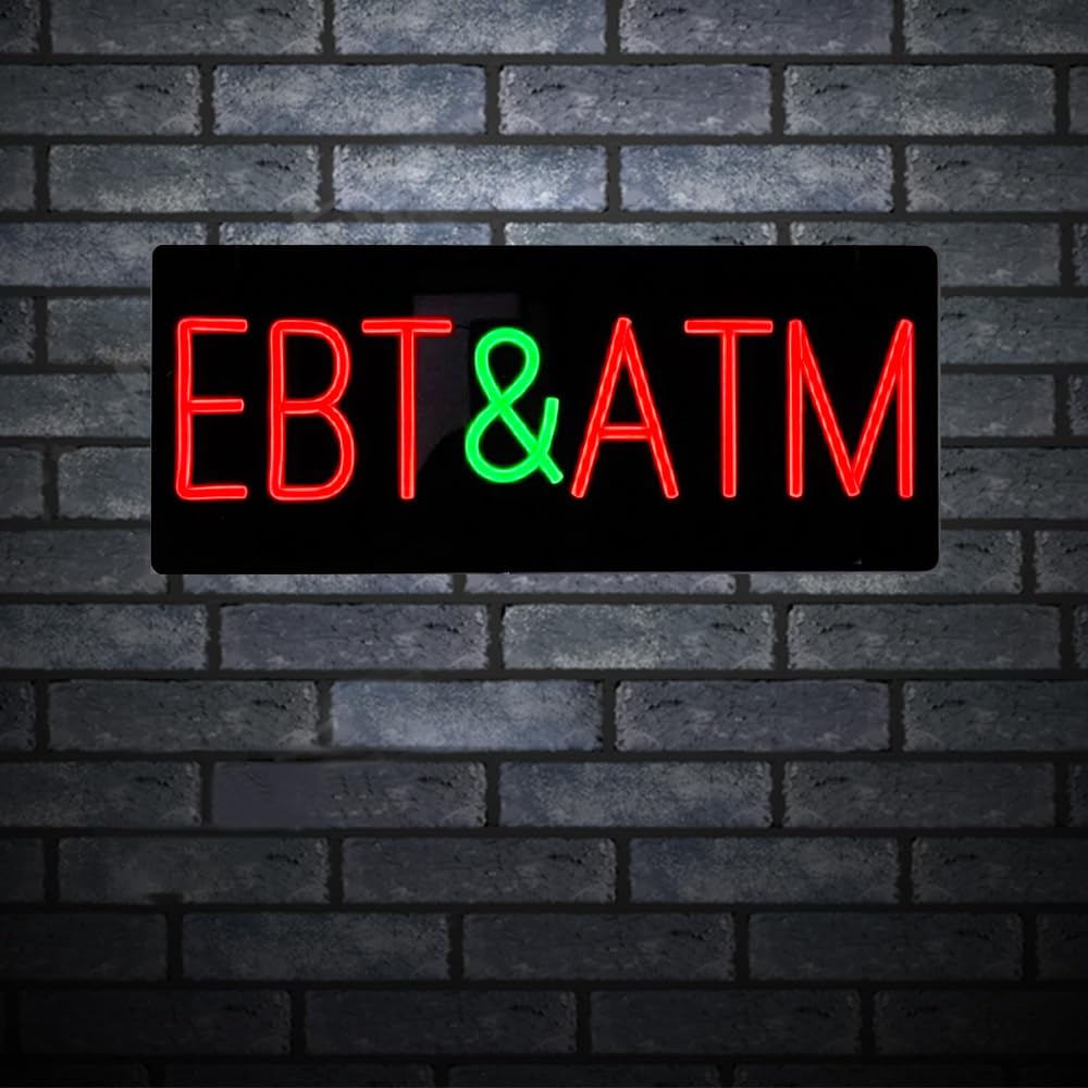 Neonowy znak EBT i ATM dla firm, neonowy znak LED do EBT i ATM zasilacz 12 V, neonowy znak świetlny do sklepu EBT i bankomatu, dekoracja okna sklepu, 48 cm x 20 cm