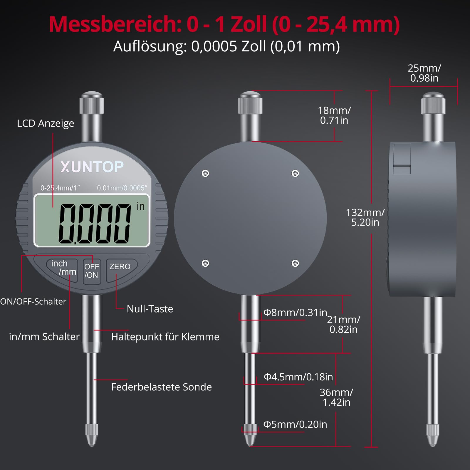 XUNTOP Digitaler Messuhr DTI Digital Dial Indicator 0,01/.0005'' Messbereich 0-25,4 mm (0-1'') für mechanische, industrielle & Laboranwendungen
