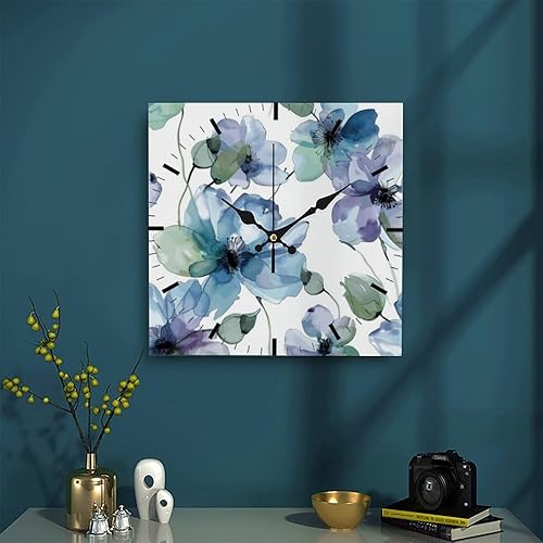 Miniatura 3 de Watercolor Blue Flower Blooming Analog Clock Small Clocks Battery Operated Square Clock Battery Operated Clocks Garage for Kitchen Bathroom Bedroom