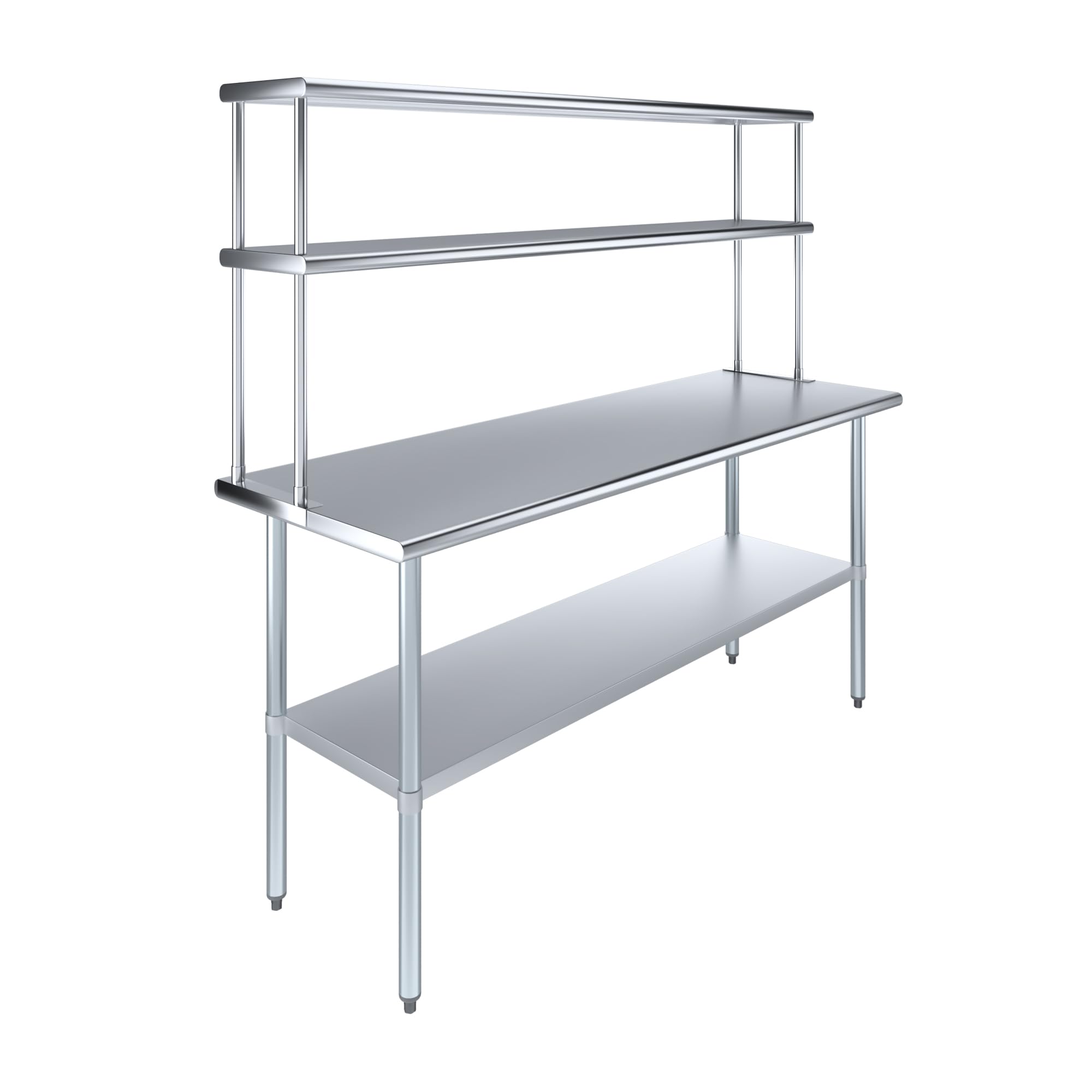 AmGood Stainless Steel Work Table with 12" Wide Double Tier Overshelf | Metal Kitchen Prep Table &amp; Shelving Combo | NSF (Stainless Steel Table with Double Overshelves, 72" Long x 24" Deep)