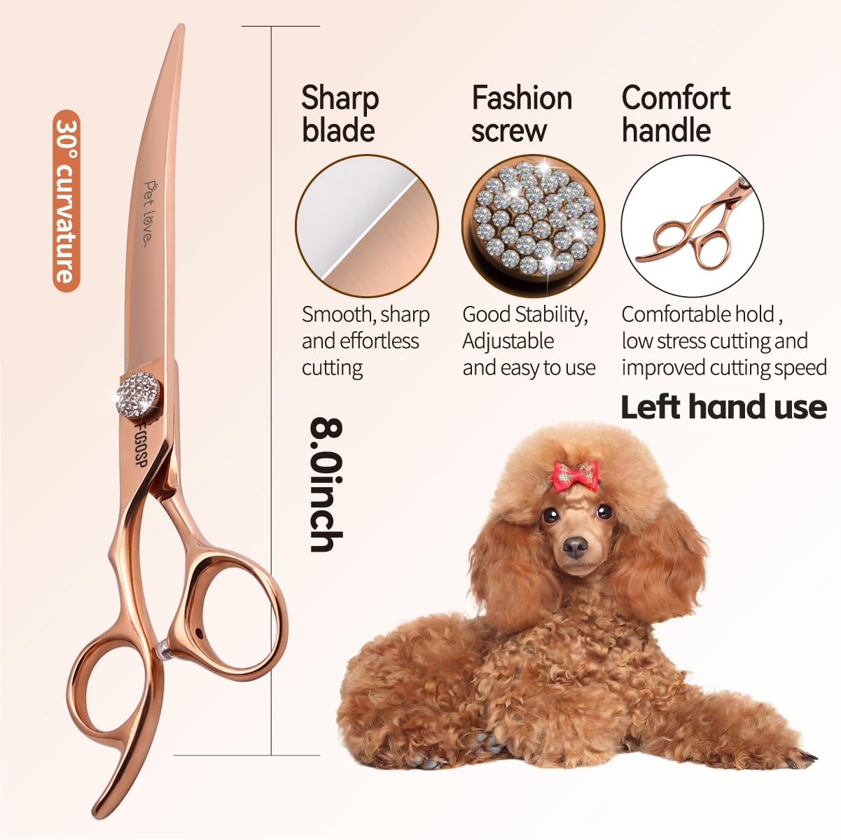 Professionelle linke Hände gebogenen Hund Pflege Schere 8 '' nach unten 30 ° Rose Gold Titan Japan 440C Haustier Pflege Schnitt Schere für große Hund Pudel (8, gebogen)