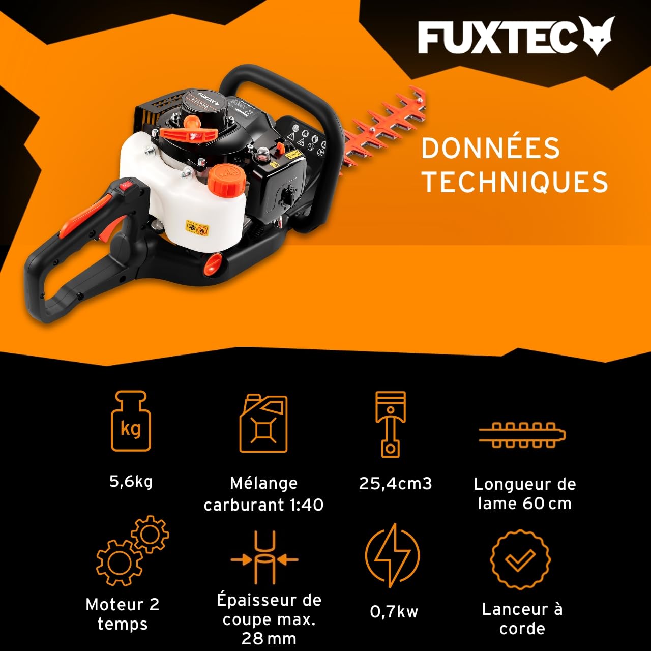 FUXTEC Taille-Haies Thermique FX-MH123ECO – Moteur 2T 25,4 cm³, Lame 560 mm, Coupe 28 mm, Ergonomique & Vibrations réduites