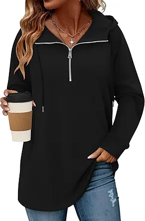 onlypuff Women Hoodie Pullover Trendy Quarter Zipper Lapel Sweatshirts Drawstring Cute Hooded Tunic Tops with Side Pockets