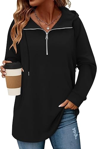 onlypuff Women Hoodie Pullover Trendy Quarter Zipper Lapel Sweatshirts Drawstring Cute Hooded Tunic Tops with Side Pockets