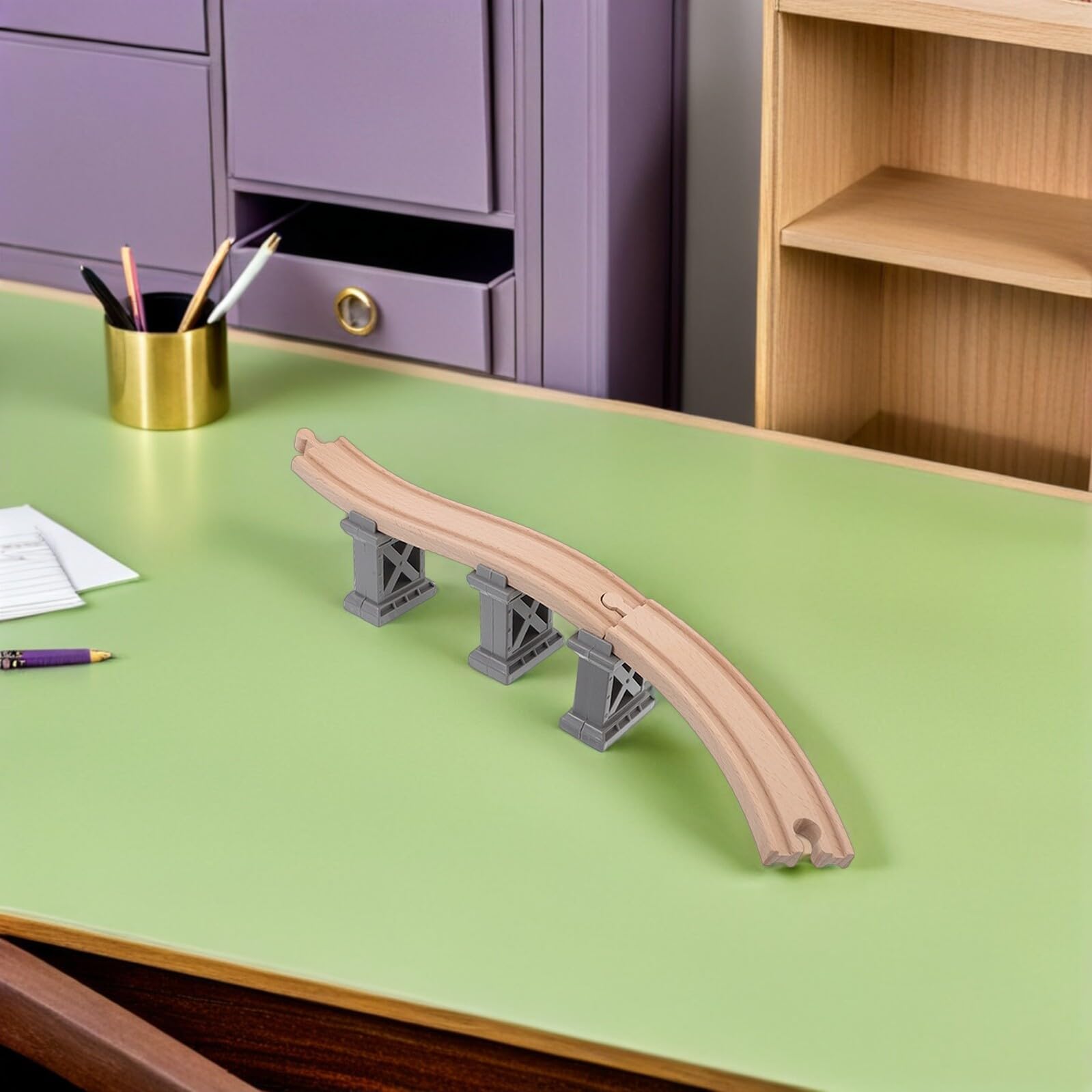 Homoyoyo Set Accessori per Binari del Treno in Legno con Ponti e Binari Curvi in Salita, Compatibile con Piste Ferroviarie Giocattolo, Gioco Educativo e Creativo di Costruzione