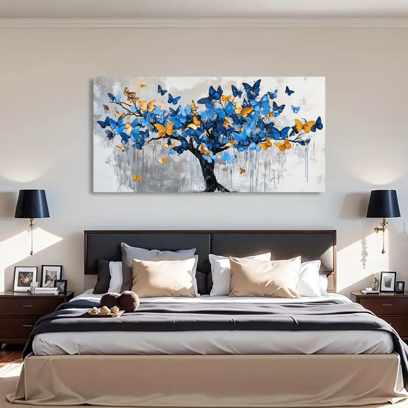 Tableau abstrait bleu et papillons dorés 30x60cm pour salon moderne