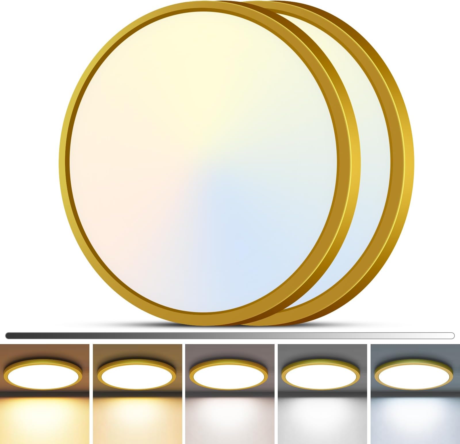 zemty 2Pack LED Flush Mount Ceiling Light, 12Inch 24W Dimmable Ceiling Lights Fixture, 5 Color Temperatures (3000K-6500K) Gold Round Ceiling Lamp for Bedroom, Kitchen, Hallway,Bathroom