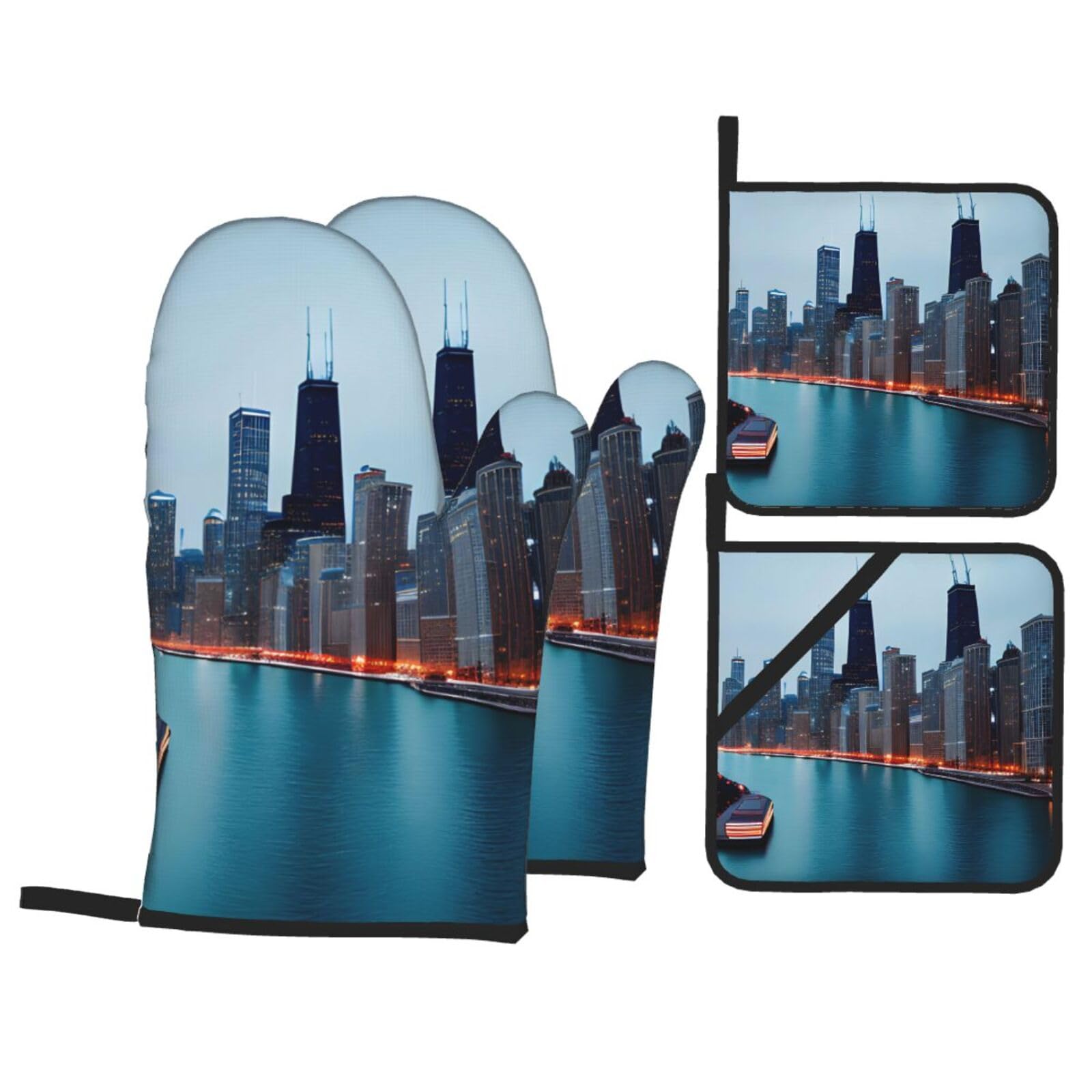 Chicago Print 4-Piece Oven Microwaving Set Kitchen Gloves for Holiday Cooking Baking Grilling