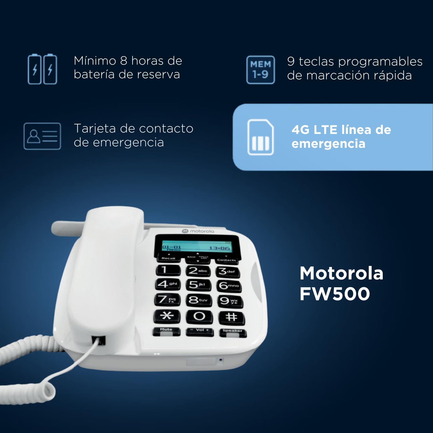 Motorola Voice - Telefon stacjonarny FW500 z kartą SIM i telefonem stacjonarnym - 4G LTE, zapasowy, do 8 godzin pracy na baterii, telefon alarmowy w przypadku awarii zasilania, duże klawisze