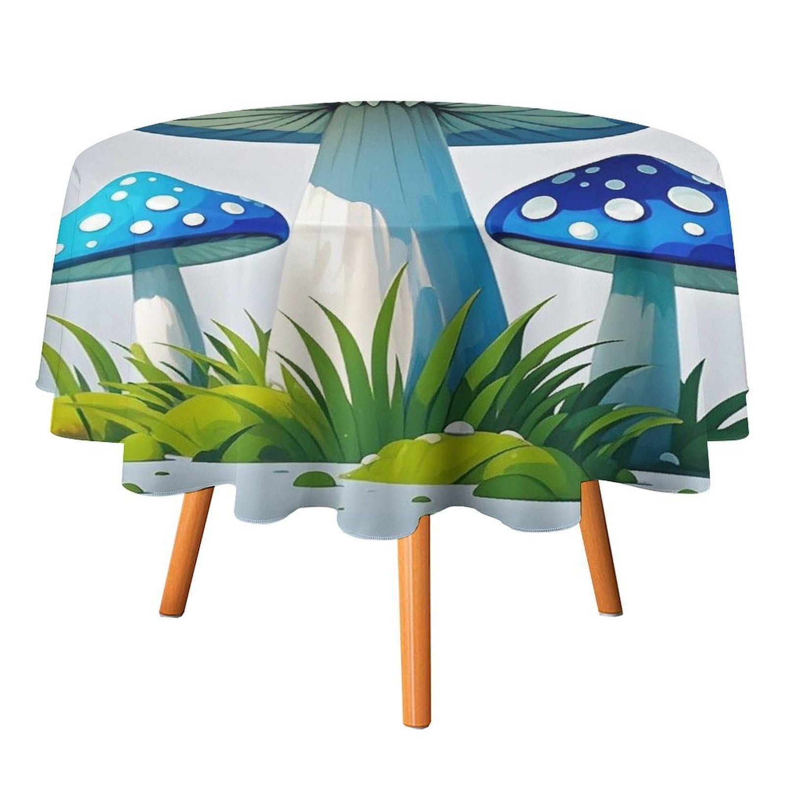 SMAZDFXX Cartoon Blue Mushroom Tablecloth for Restaurant, Round Polyester Table Cover 50x50in for Party