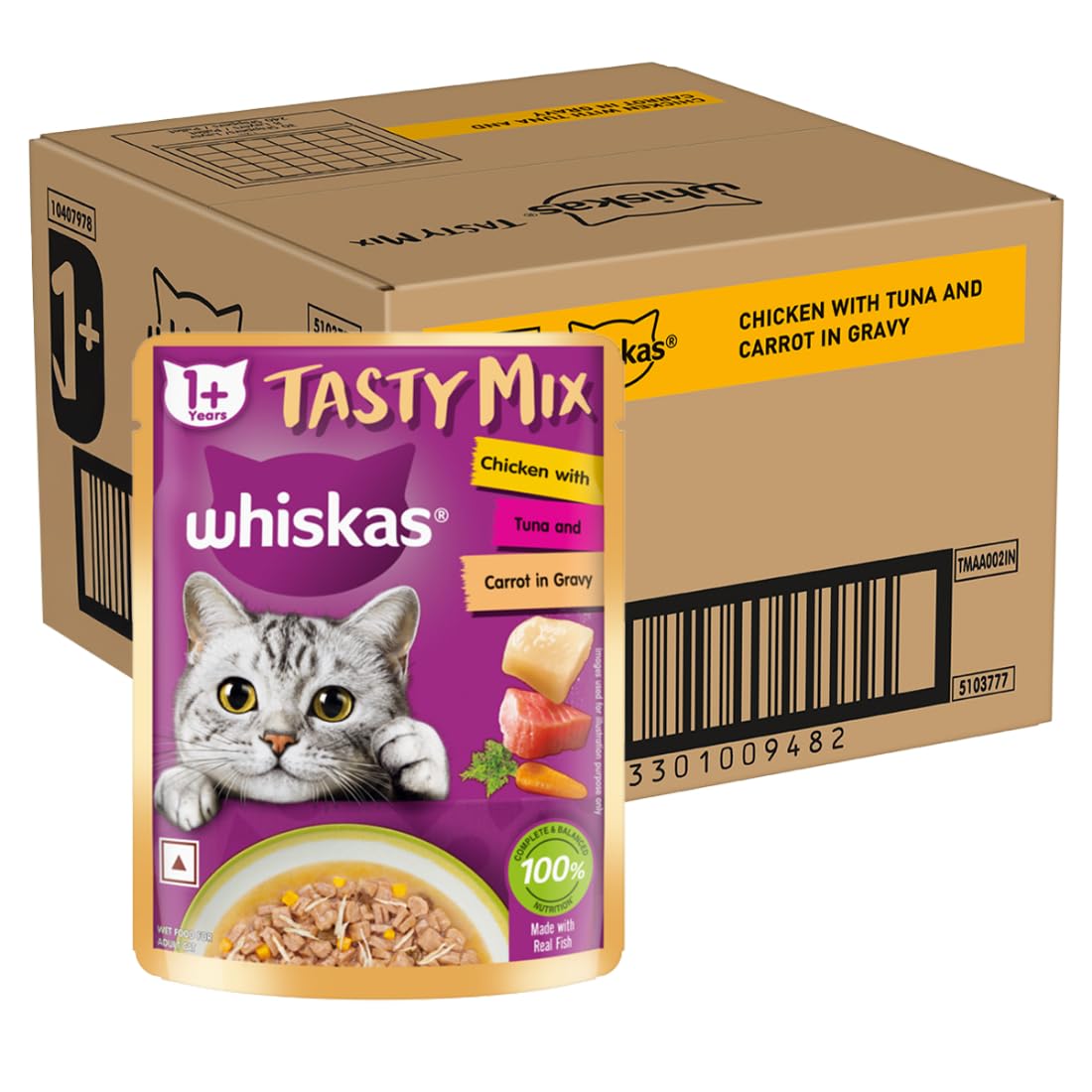 Whiskas Tasty Mix Adult (1+ Year) Wet Cat Food, Chicken with Tuna & Carrot in Gravy, 70 g, Pack of 28| Made with Real Fish| Complete & Balanced Nutrition for Adult Cat
