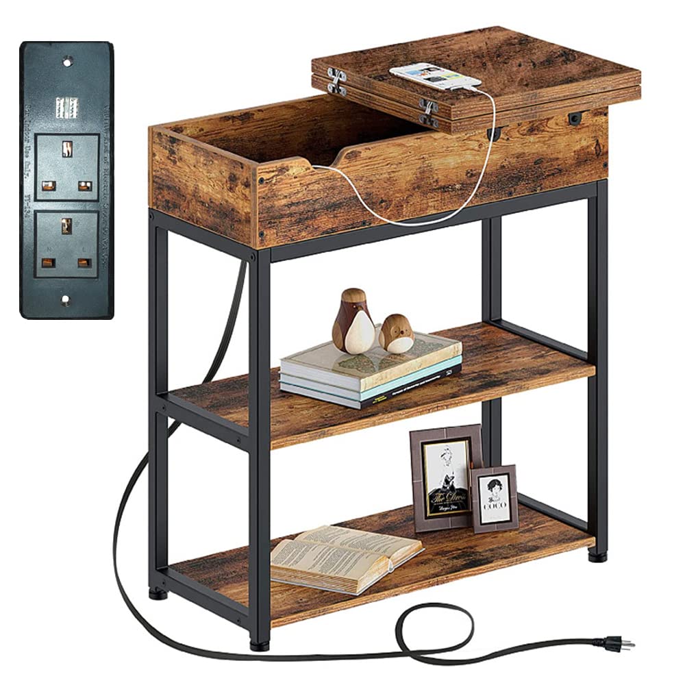 NeoStyle Side Table with Charging Station, Nightstand with USB Ports and Outlets,Flip Top Open Narrow Sofa End Table with Storage Shelf for Living Room, Bedroom