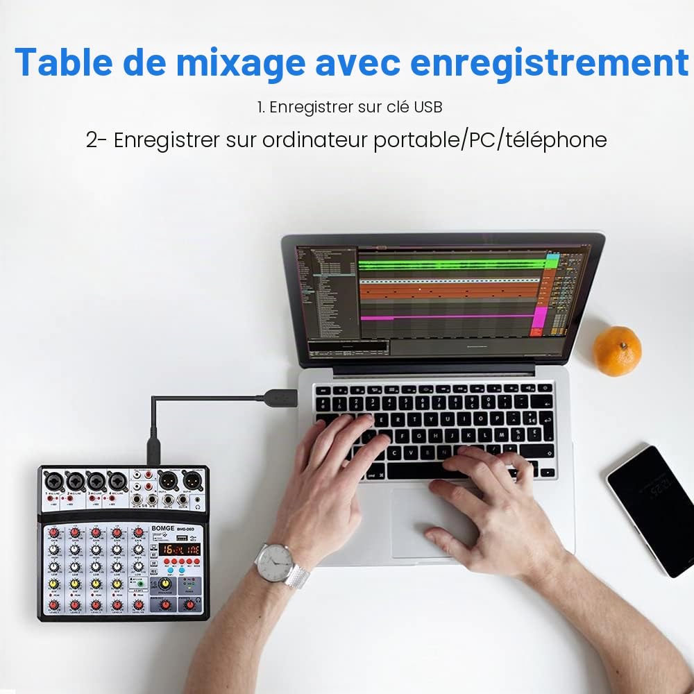 Console de mixage audio DJ professionnelle 6 canaux BOMGE, karaoké avec entrée MP3, USB, entrée Bluetooth, enregistrement stéréo, alimentation fantôme 48 V, processeur 99 DSP- Noir