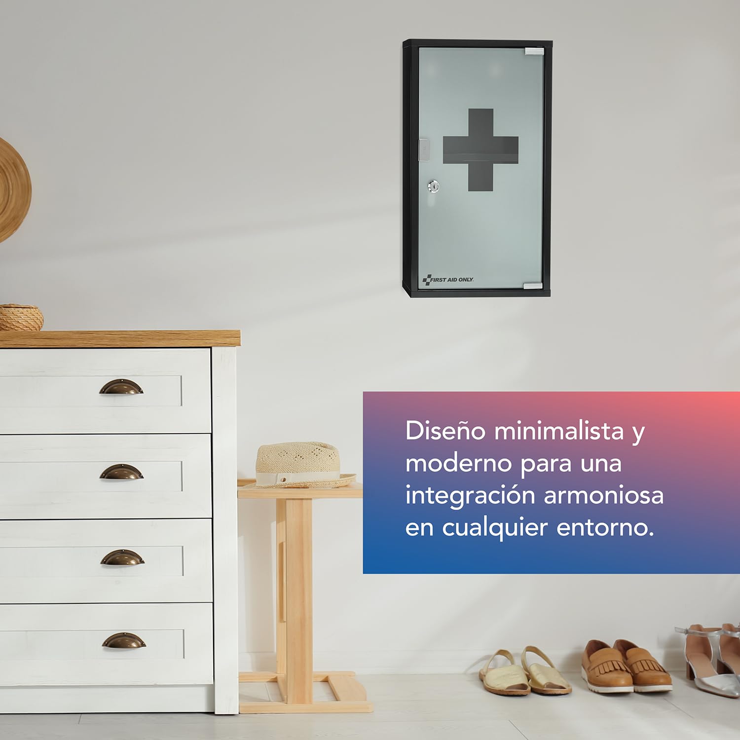 First Aid Only Botiquín Metálico Negro con 3 Compartimentos y Puerta de Cristal | Armario de Primeros Auxilios con Cerradura | Armario de Pared 50 x 30 x 12 cm | P-10202 00