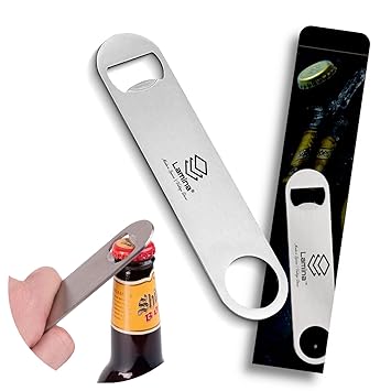 Lamina Bottle Cap Opener – Pack of 5 Stainless Steel Flat Bar Blade (Silver Color, 7-Inch Large) for Beer, Soda, Pop-Off Bottles – Thick Opener for Kitchen, Hotels & Restaurants (with Storage Cover)