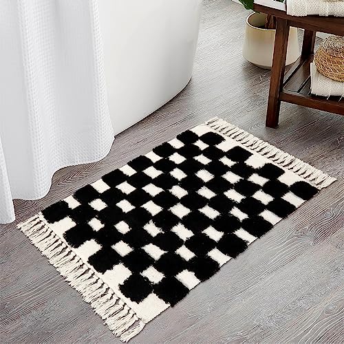 Lanffia Boho Badezimmerteppich, 5 x 7,6 cm, waschbar, Schachbrettmuster, getufteter Teppich, schwarz...