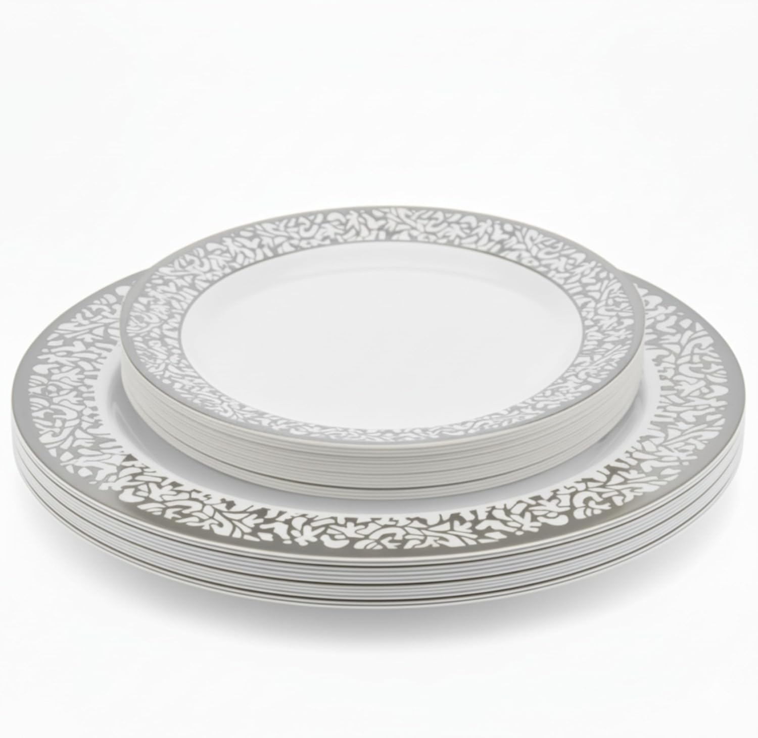 Playlearn Luxia 20Pcs Elegant Plastic Plates Filigree Rim Edge 10 Dinner and 10 Dessert Plates Set Durable, Reusable Plastic Plate Modern Design Tableware for Party & Event